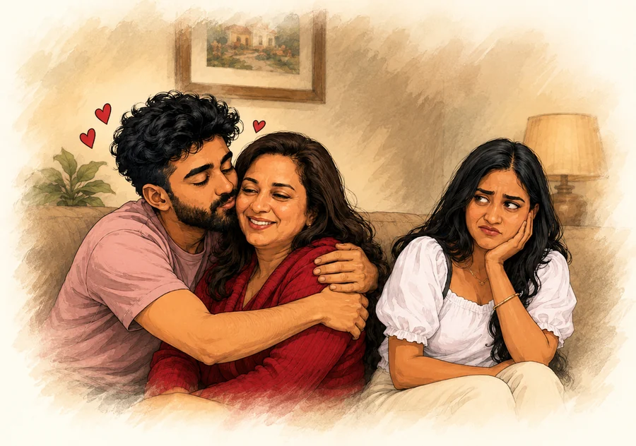 Dev affectionately hugging Rimpy while Raagini reacts nearby
