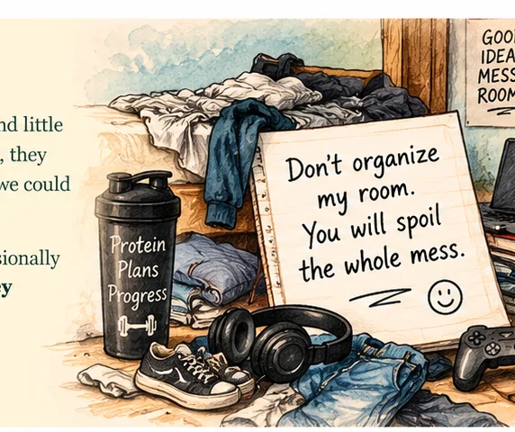 Watercolor sketch of Dev's gloriously messy room with his motto: Don't organize my room. You will spoil the whole mess.