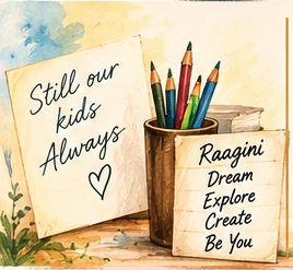 Illustrated pencils and books reflecting Raagini's creative, independent path