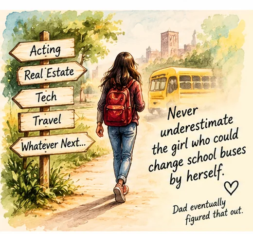 Watercolor sketch of Raagini walking toward many possible paths, with a school bus behind her