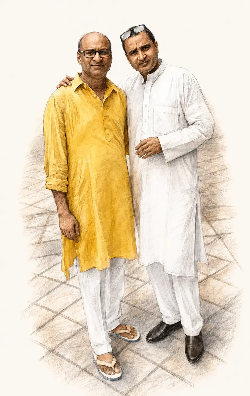 Pencil and watercolor sketch of Raman and Dimpy together in kurta-pajamas