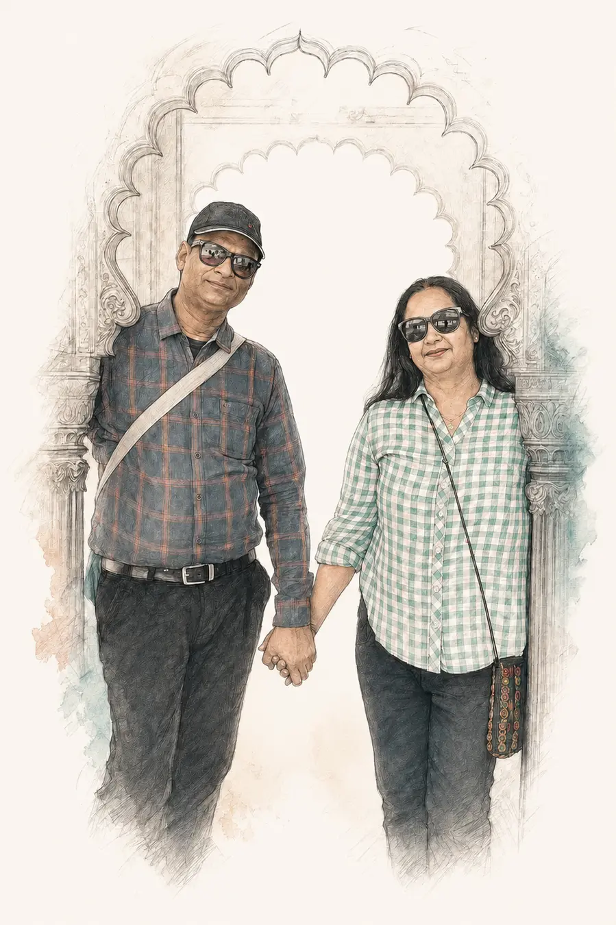 Pencil and watercolor sketch of Dimpy and Rajni holding hands