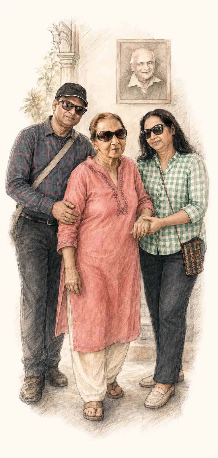 Pencil and watercolor sketch of Dimpy and Rajni caring for Mom, with Dad remembered behind them