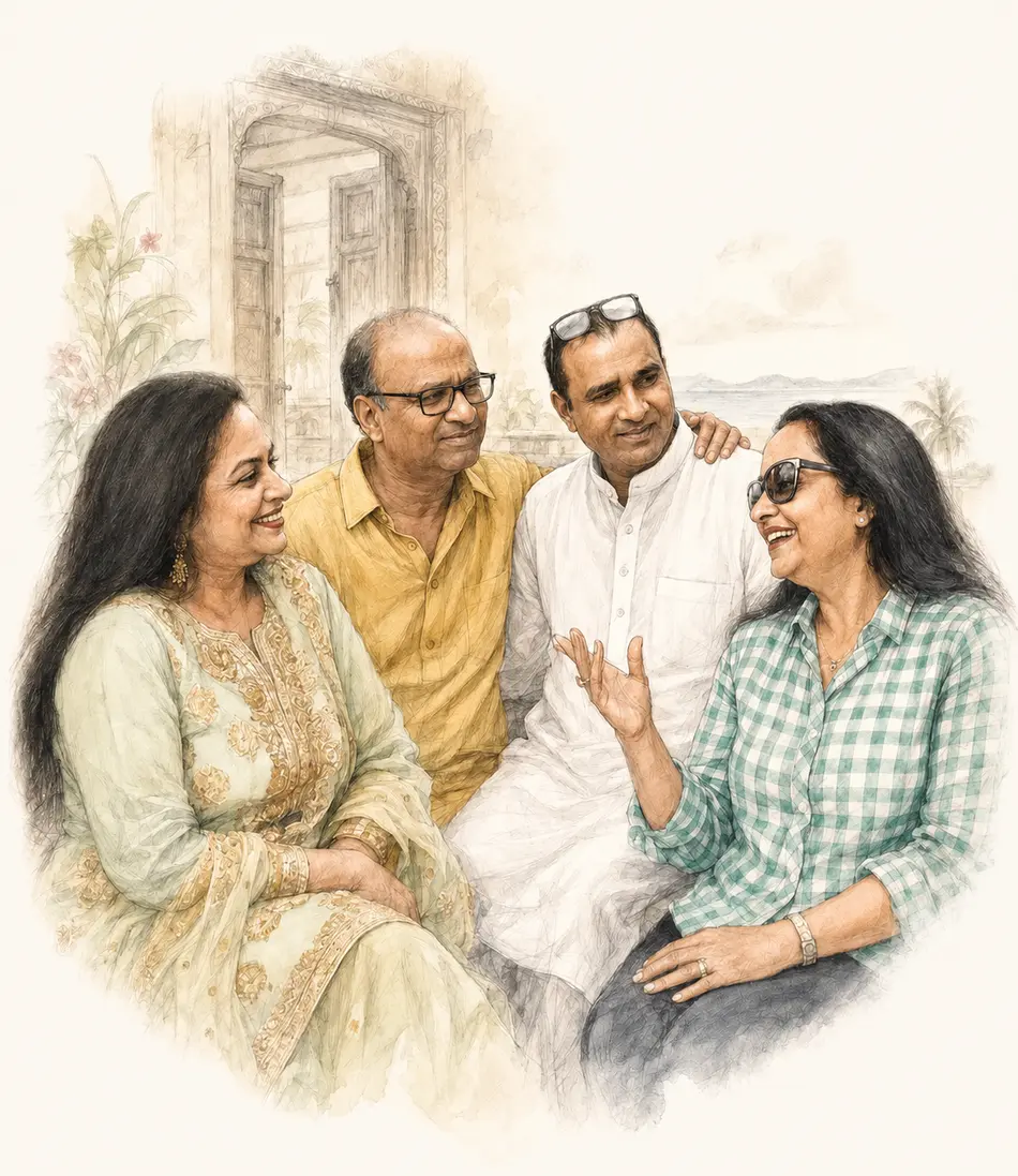 Pencil and watercolor sketch of Raman, Rimpy, Dimpy and Rajni sharing an easy conversation