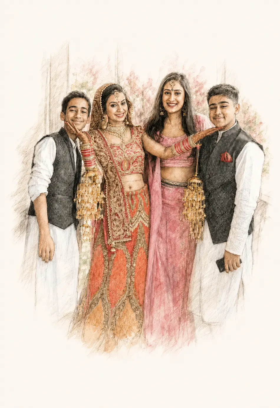 Pencil and watercolor sketch of Dev, Gudiya, Raagini and Nonnu together at Gudiya's wedding